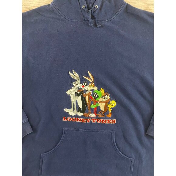 Vintage 90's Warner Brothers Studio Store Looney Tunes Blue Hoodie - XL - Picture 2 of 11
